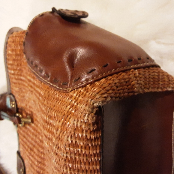 Fossil Vintage Brown Woven Straw Triple Compartment Satchel Purse Bag - Picture 5 of 7
